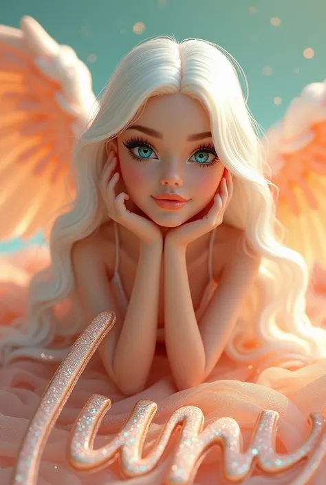 The most beautiful angel Barbie style 4k with the most beautiful angelical face with big eyes color turquoise crystalline like mirrors long straight hair color white and silver glimmer  with incredible fantasy clothing style 8k color peach and white soft g...