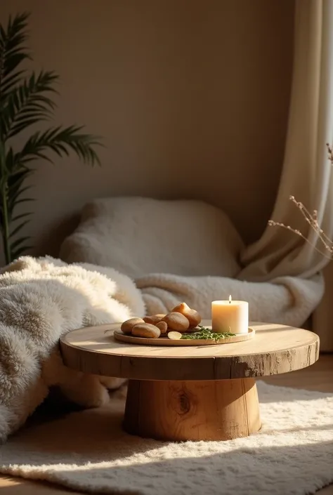 A welcoming environment  ,  like a wooden table and a fuzzy blanket in the background,  to symbolize well-being and relaxation .