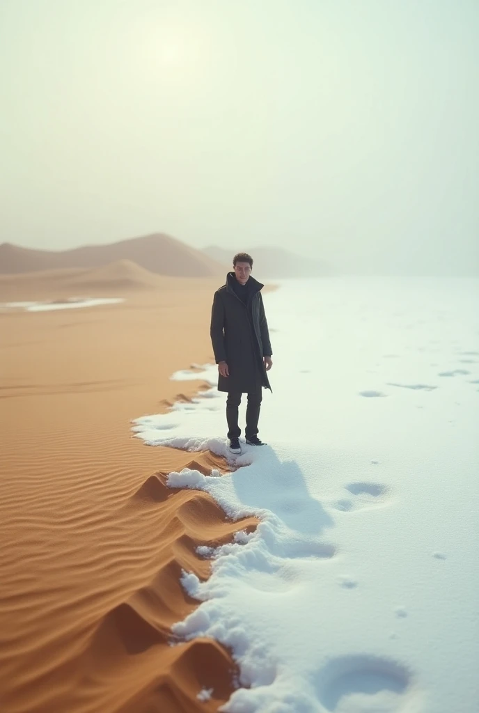 Half photo is desert and half photo is snow. Here a man’s one leg is in desert and another leg in snow area 