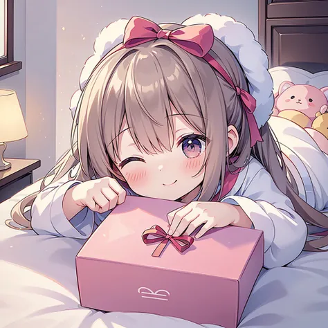 1girl,🎄、A girl is putting a gift box on her head on the bed、The present box has a big ribbon on it 、Chibi、 happy smile、joy、Best Quality、 masterpiece、The best composition、 eyes closed、Chibi、 A fantasy and cute room in pastel colors、Fluffy Roomwear 、