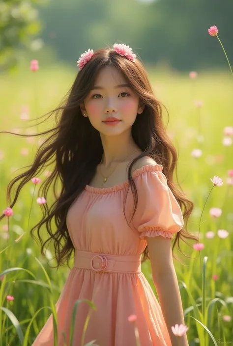 Girl with long hair, baby pink accessories, carefree, meadow, photorealism