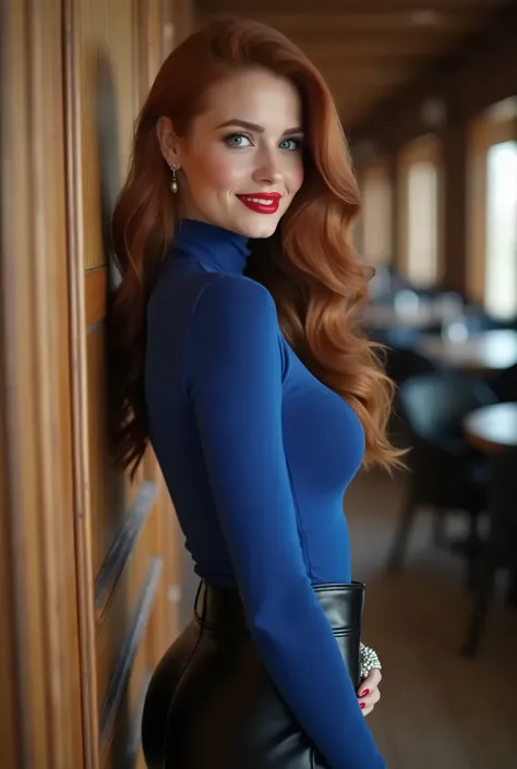 ultra realistic, soft skin tones. full body view. uncropped photo. Mid 30s Bavarian German woman. long straight auburn hair with curled tips. pure red glossy red lipstick. cobalt blue eyes. Blue eyeliner.  dsrk bronze eyeshadow. In a lounge with floor to c...