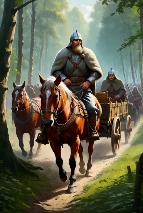 A Slavic hero, ready for battle, is guarded by a large wagon train in a dense forest, realistic style