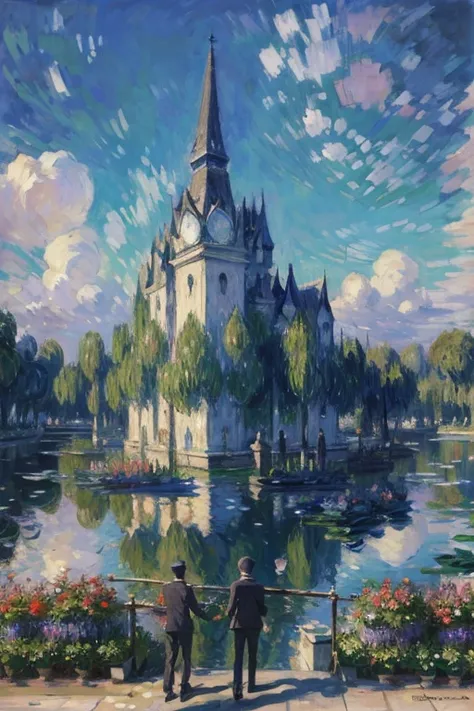 (Claude Monet&#39;s works:1.25),Impressionism ,Rainerism,quality(8k,best quality,masterpiece, like in the movie ), view from below ),background(outside,Dirty slums,View from above,郊outside，(Lots of carp swimming in the pond:1.8),)