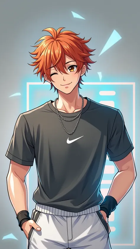 "Anime-style portrait of a young man with messy bright orange hair, big anime dark brown eyes, wearing a plain black Nike sports shirt with a small Nike logo in the center, a silver chain necklace, and white sports pants. The young man is winking with his ...