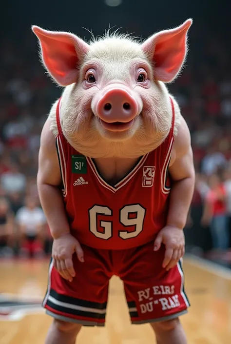 Mens basketball uniform with the drawing of a large realistic pig 