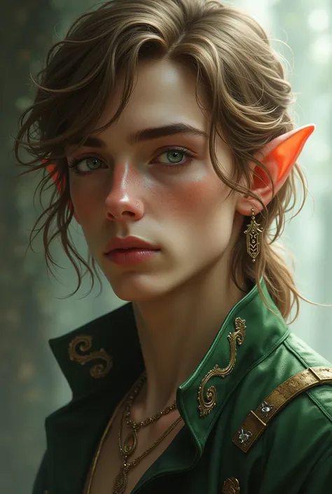  A young man with light brown hair with beautiful green eyes and long elf ears, wearing slightly extravagant but aesthetic clothes 