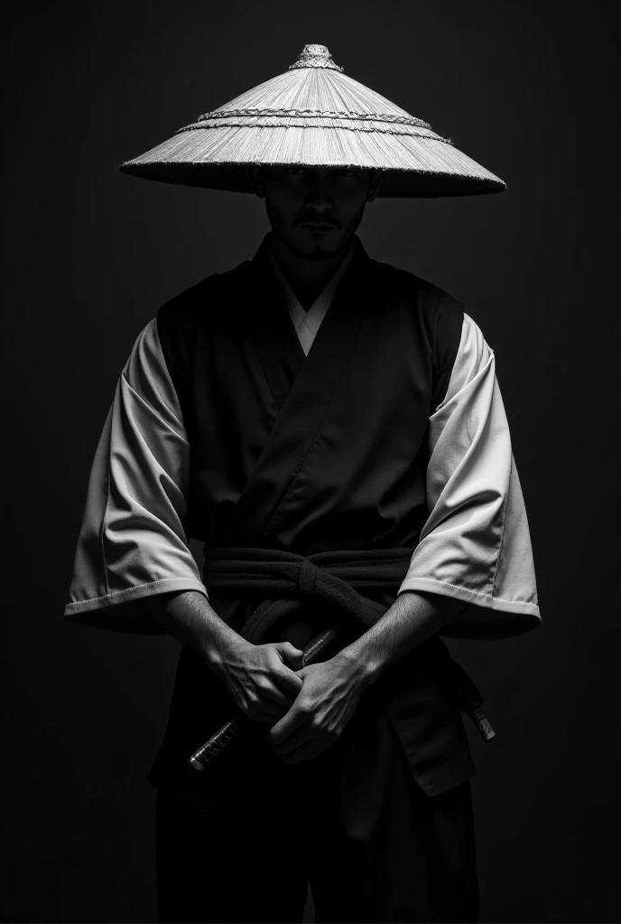  Make a samurai with a straw hat, in black and white with shades of gray .. with a dark background 