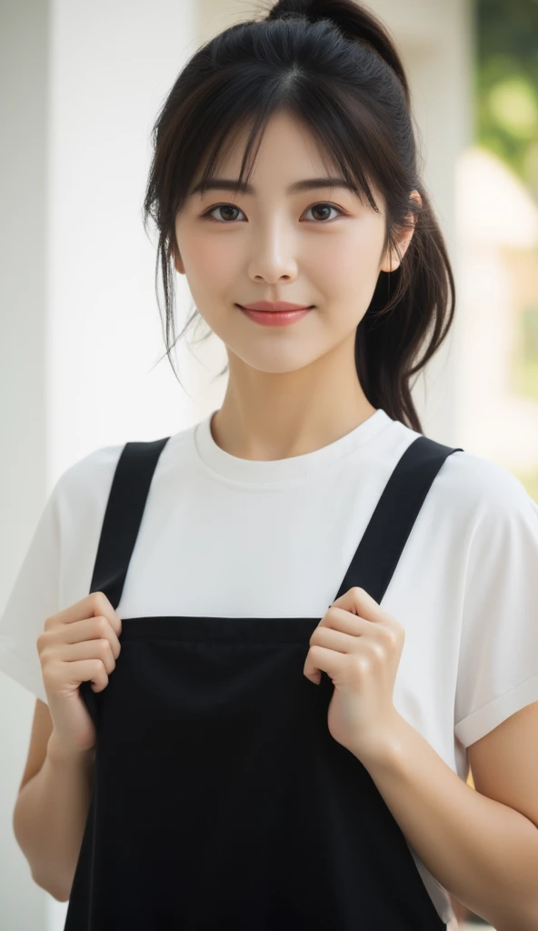 Photorealistic image of a young woman with medium length hair, Slightly messy black hair, Tie in a loose side ponytail. She is wearing a simple white t-shirt and a black apron, Her expression is warm and bright, With a kind smile.  image, which can be seen...