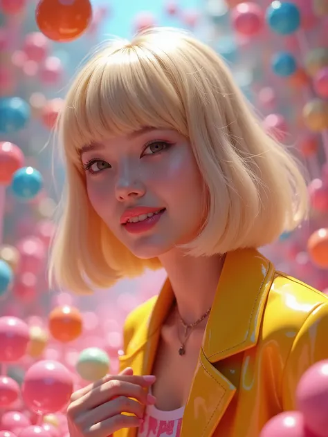 Kpop girl with 、 Y2K vibes 、 blond bob hair and 、 surrounded by candy