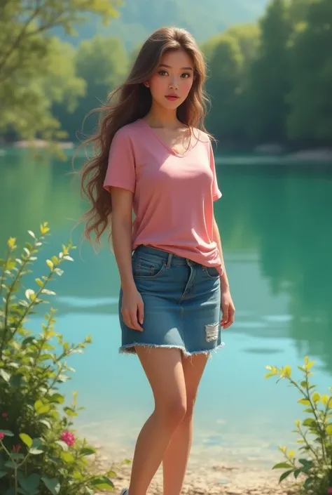 Image of a 30-year-old girl with very white skin long hair abellana eyes light honey brown body a little curvy chubby is wearing a knee-length denim skirt, a pink casual t-shirt and matching sandals, she has thick lips and a big bust in the background she ...