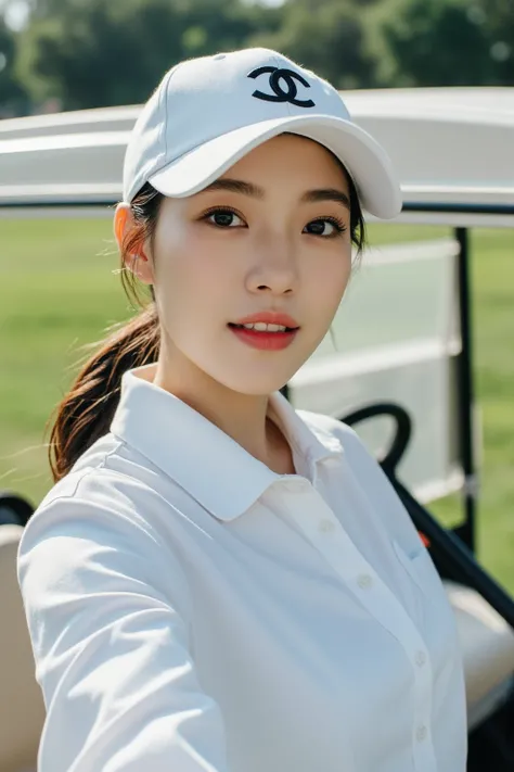 , a 36-year-old female CEO standing next to a golf cart and taking a selfie from the first perspective。 Oriental woman with round face, full chest, long straight hair, ponytail 。Light makeup for plain skin、 wearing a high-end brand white golf package 、Wear...