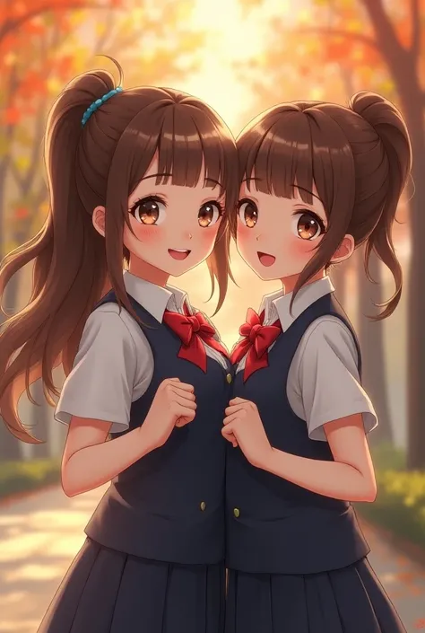 a beautiful young girl with long brown hair in a ponytail, a second girl with short brown hair, both smiling, wearing school uniforms, 2 girls, highly detailed, 8k, photorealistic, masterpiece, intricate details, soft warm lighting, vibrant colors, dynamic...