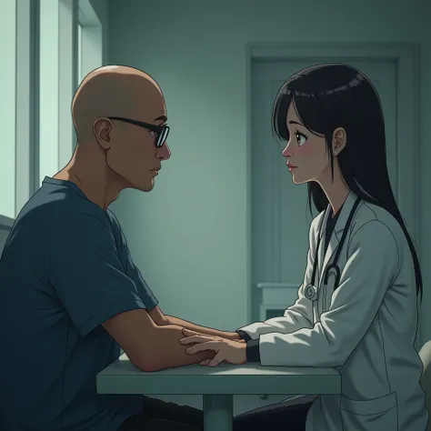 Anime, sad mimic, Indonesian guy, bald, eye-glasses, tan skin, indoor, hospital, having a talk with a female doctor, sitting.