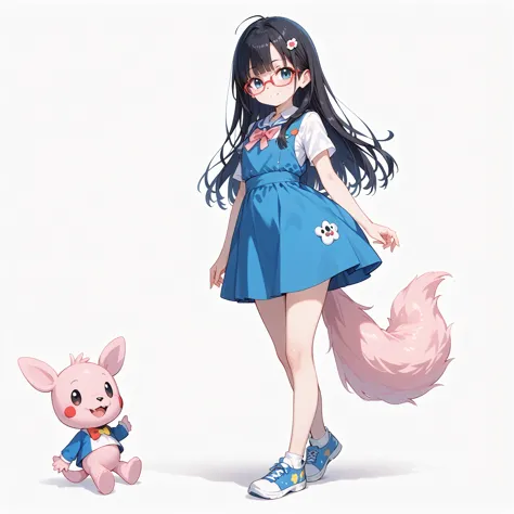 black hair, long hair,glasses,mascot,pink monster,fluffy