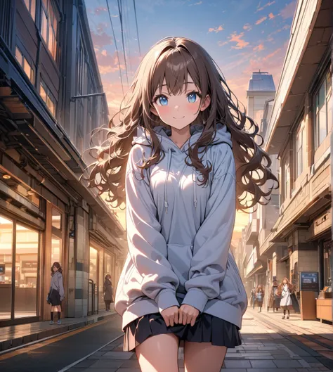 Beautiful, top quality, high quality, beautiful, super detailed depiction,High school girl, light blue eye color, long wavy hair, brown hair,White long hoodie that fits the body, long hoodie that clearly shows the lines of the body, (black knee socks), lig...