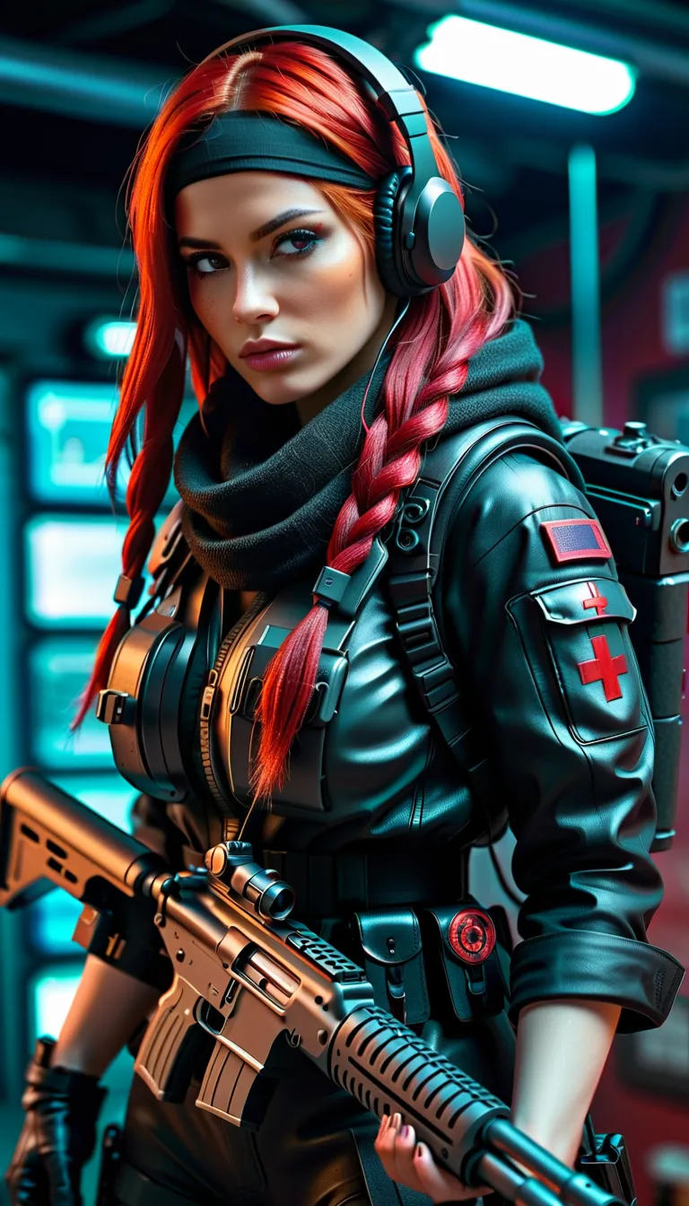 full body from head to toe, post-apocalyptic, high resolution, 1 woman, solo, view the viewer, (detailed face),red hair, long cl...