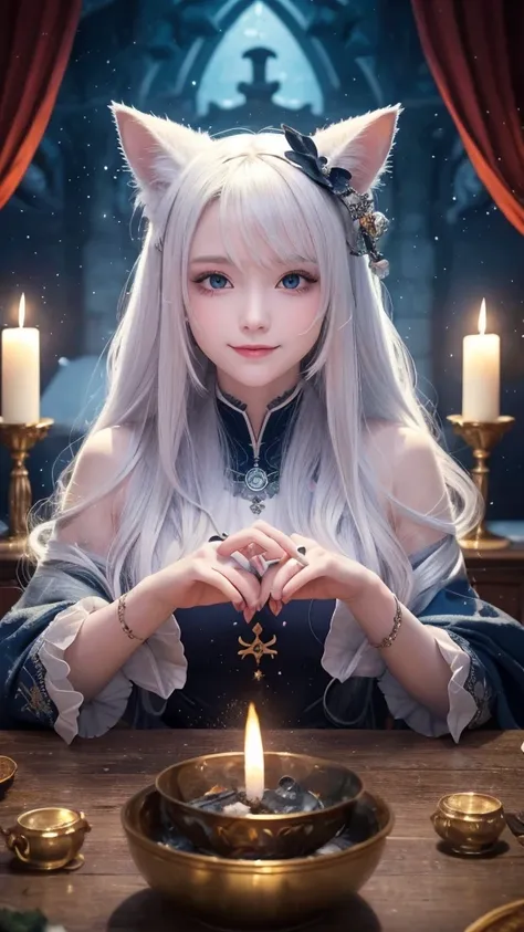 
(masterpiece, highest quality, highest quality, official art, beautiful and aesthetic: 1.2), (one girl: 1.3), wavy long hair, white hair, Cat ears on the head,highly detailed portrait, highly detailed hands, looking at the viewer, alone, (whole body: 0.6)...