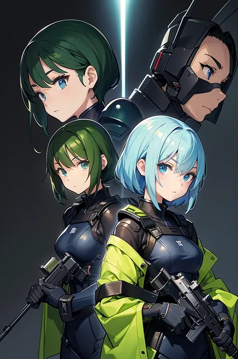 Black background with spotlight 、sketch( character design sheet, same characters, whole body, Three Views, Front, ~ ~ ~ ~ side, return)、Green clothing、Rinwell-style braided green-haired shorthair 、 blue eyes、 Rough Outfit 、 long lashes、holding_gun, assault...