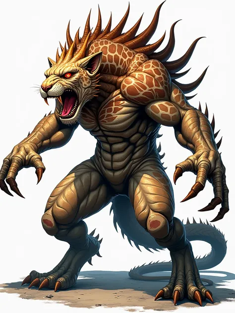 RPG Maker active monster style, monster with giraffe head, lion leg, saber tooth body and snake tail, glowing red eyes, full body, front view, attack posture, right, left, fierce appearance.