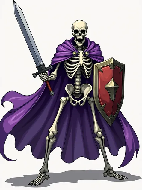 RPG Maker active monster style, skeleton soldier with a purple cape, sword and shield, full body, front view, attack posture, right, left, fierce appearance.