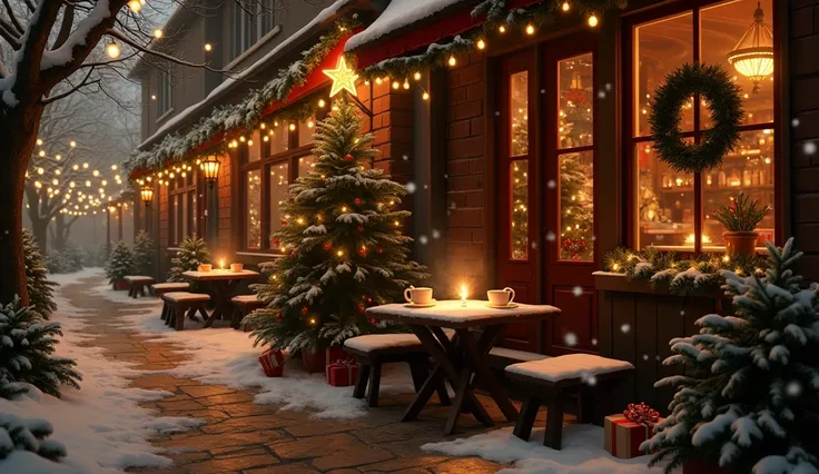 A small winter street, covered in a blanket of white snow. The trees are dusted with snow and adorned with Christmas lights, casting a warm golden glow. The shop windows are decorated with wreaths and twinkling lights. On the outdoor tables, steaming cups ...