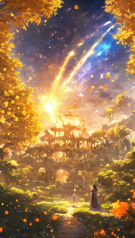 masterpiece,  concept art,  panorama, in the center, shape,  wide shot,  1 girl, garden, Knight , (meteor), Space galaxy background, (A stunning composition,  Epic Proportions  ),  Dynamic Lighting,  bright colors, A Moments Girls Shadow 、easy、osmanthus