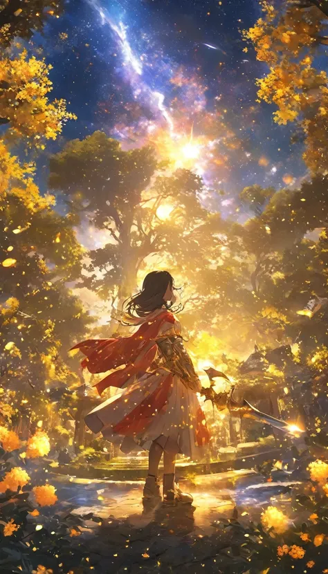 masterpiece,  concept art,  panorama, in the center, shape,  wide shot,  1 girl, garden, Knight , (meteor), Space galaxy background, (A stunning composition,  Epic Proportions  ),  Dynamic Lighting,  bright colors, A Moments Girls Shadow 、easy、osmanthus