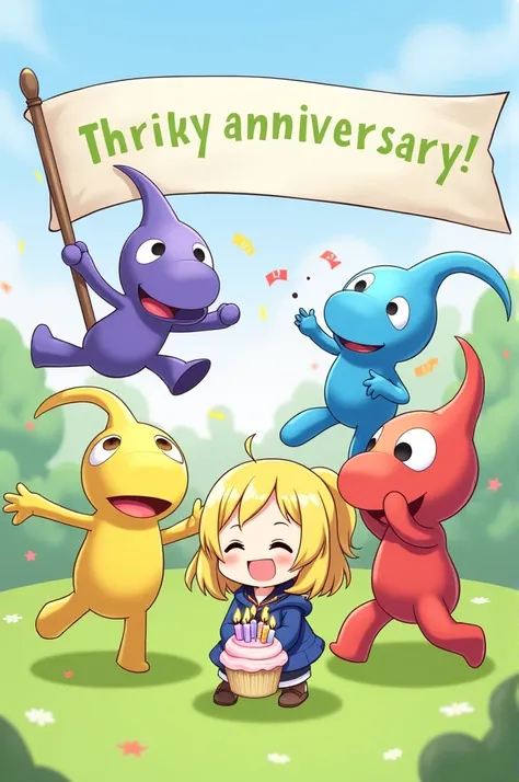 four chibi pikmin characters celebrating their 500-day anniversary with little yellow hair girl. Purple chibi Pikmin & Yellow chibi Pikmin (Leader/Excited): The most energetic one, jumping with joy while holding a large banner that says "500 DAYS". Blue ch...