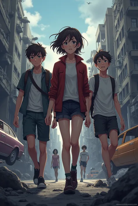  A cover featuring a girl and 3 boys in a zombie apocalypse of ,18 years old ,with a male protagonist ,anime