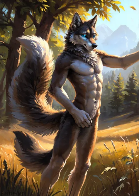 ((Solo)), male people, anthro wolf, (Multi-colored fur, White-brown:1.3，White tail pointed), (Height 2.1m,Tail length 1.5m), ((Wolf face, Big eyes, White eyelids, Blue pupil, Slim:1.2) (Tough, Calm expression:1.2)), Abs, Slim, pinging)), (Correct anatomy),...