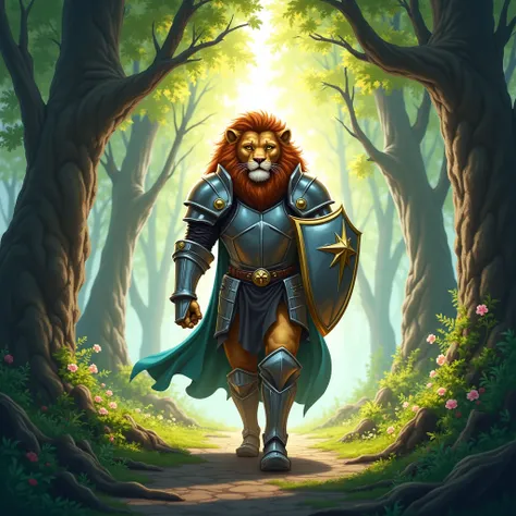 "Illustration A brave lion knight named Leo wearing his shining armor, with a determined look, walks confidently into an enchanted forest, the trees arching above him."