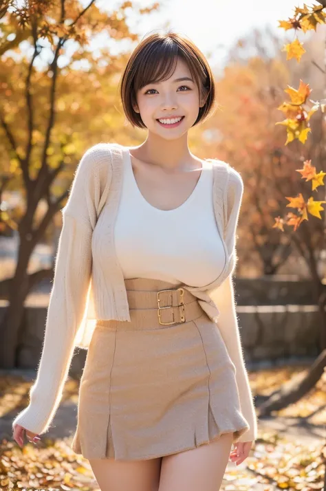 (8k, RAW photo, photorealistic, HQ, masterpiece), a cute Japanese woman, (glowing eyes), 
(Squint eyes light smile :1.4), brown hair, Pixie Bob hair, large breasts, (Cute late autumn outfits:1.4), dynamic and sexy pose, white background , blurred backgroun...