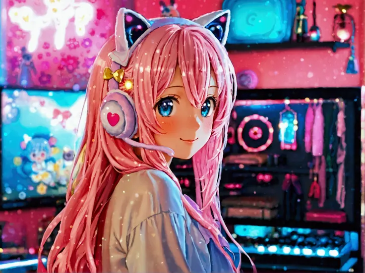  long ash pink hair ,  blue eyes ,  girl,  happy ,  smaller, cute, Big shirt,  b cute pink gaming room, cuteピンクコンピューター, pink display 、cuteゲーミング, cuteRGBライト, cuteピンク猫耳ヘッドホン, cuteコンピューター ピンクbacground　 cute pink and white cute room 　