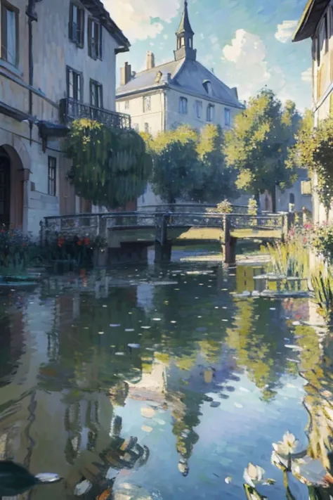 (Claude Monet&#39;s works:1.25),Impressionism ,Rainerism,quality(8k,best quality,masterpiece, like in the movie ), view from below ),background(outside,Dirty slums,View from above,郊outside，(Lots of carp swimming in the pond:1.8),)