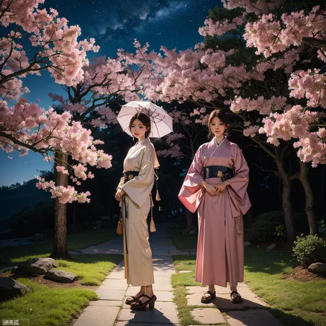 Japanese clothing、umbrella、Standing cherry blossom garden , Full Body Capture,  beautiful meaning  , at night,  galaxy sky , High-quality images