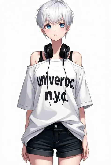 A 17-year-old female with striking blue eyes and a pixie white haircut. She wears outfit includes an oversized white graphic T-shirt with a faded print that says "UNIVERC" and "N.Y.C." It has a relaxed fit and slightly falls off the shoulder, showing black...