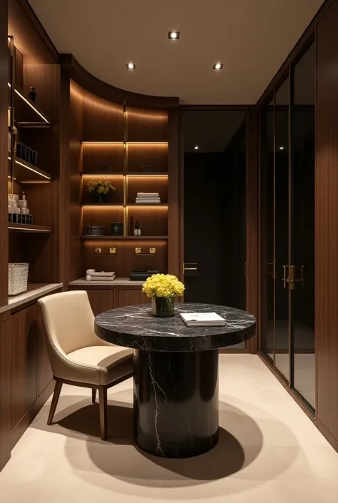 Professional 3d architecture rendering design of modern and minimal and high tech design for  elegant and luxurious big circular and standard space at the bathroom   for before and after shower  for changing clothes and drying body and hair’ brushing for l...