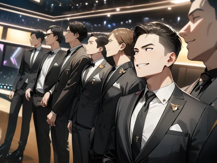 5boy,  Male Focus ,young boy, Grammy Awards Ceremony  , Crisp Smile , 5 people, Wearing a Suit Watch Here,Side by side,   Serious face,  indoor,  Cinematic Angle , (masterpiece), (Best Quality), (Super detailed),  very aesthetic, Illustration,  Perfect com...