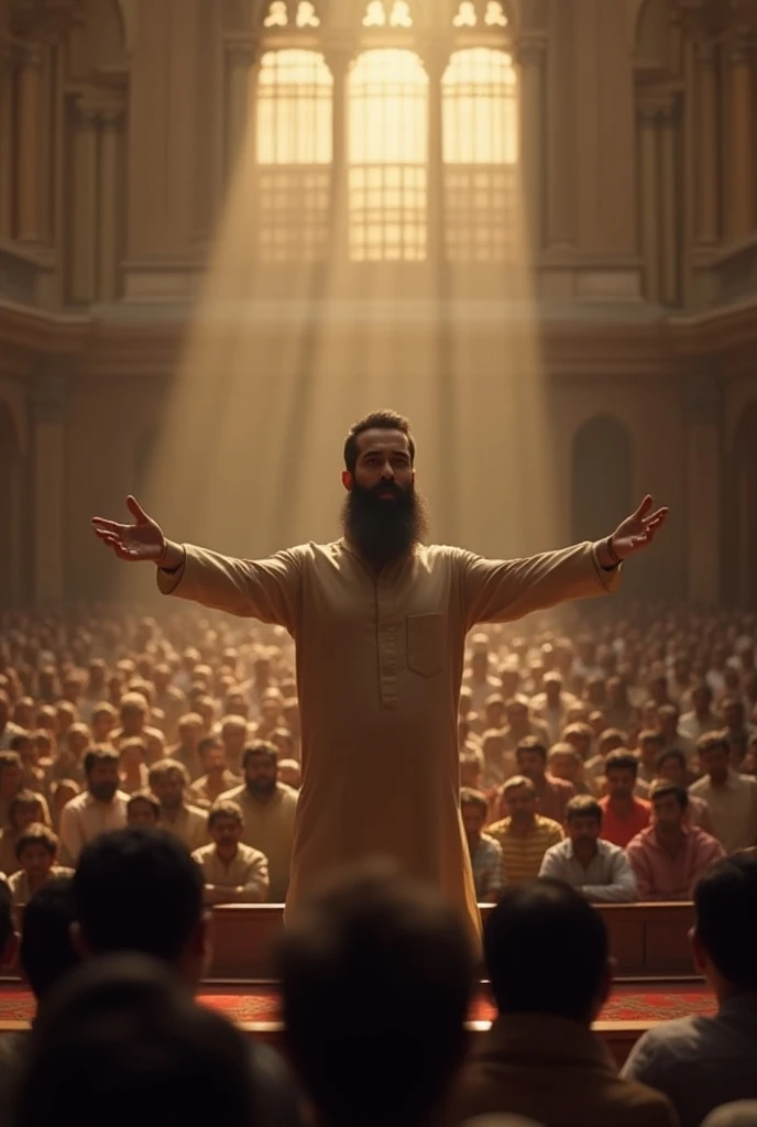 A bearded young man is giving a speech inside the Indian Parliament House and a lot of people are listening to him