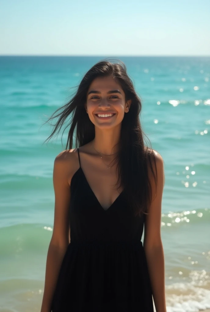 Absolutely real image of a 25 years old a beautiful pretty indian healthy college girl wearing black dress is enjoying the beauty of ocean 