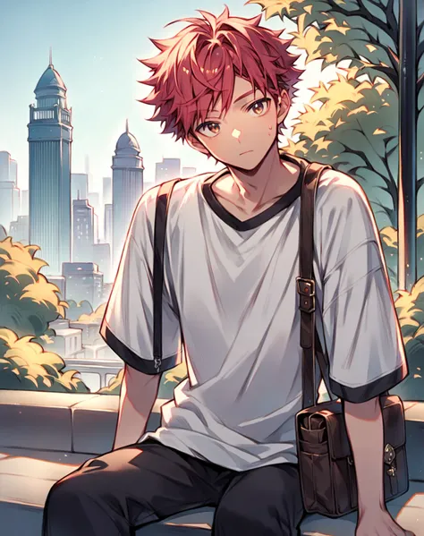 score_9, score_8_up, score_7_up, source_anime {{cowboy shot, source_anime, outdoors, city, park, looking at viewer, solo, sitting on ledge}} male, mikoshiba mikoto, crimson hair, sweatpants, oversized shirt, satchel, head tilt.
