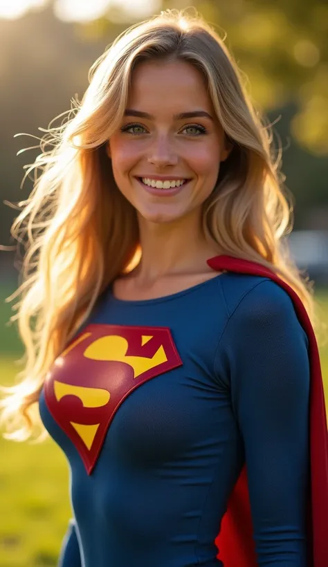 Closeup Portrait of Teenage supergirl, wholesome, looks like the girl next door, very fit, muscular, trim,  SUPERGIRL WEARING THE ORIGNAL SUPERGIRL COSTUME FROM 1950. 8k, high definition, visible cleavage, smiling, happy, hyper realistic, in a park, sunshi...