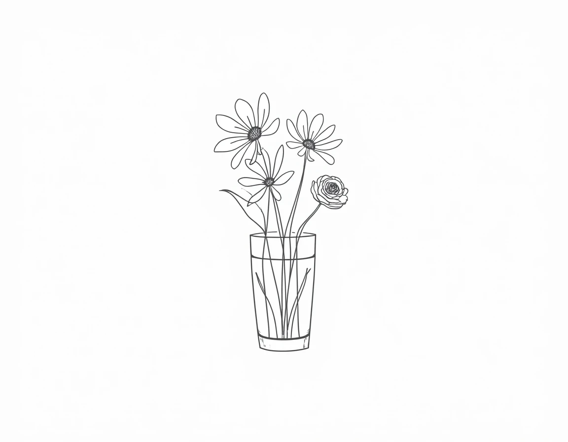  Create a minimalist line art design that combines an orchid , A daisy,  an aloe flower and a carnation in a single cohesive black and white illustration .  Simple continuous line drawing style ,  suitable for vinyl cutting or sublimation printing .  Clean...