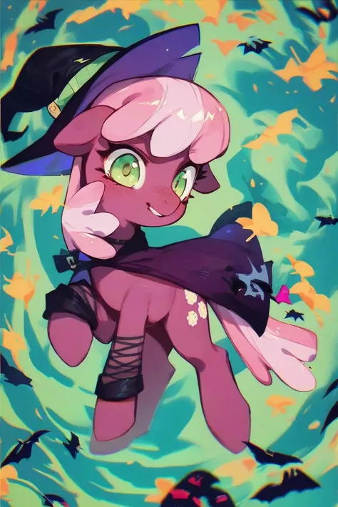 a pony girl ,  Cheerilee my little pony , magenta coat color ,  light pink mane and tail with lighter stripes , light green eyes, on a lonely Halloween night while wearing a black witch costume