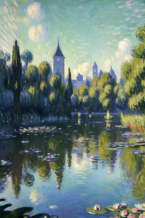 (Claude Monet&#39;s works:1.25),Impressionism ,Rainerism,quality(8k,best quality,masterpiece, like in the movie ), view from below ),background(outside,Dirty slums,View from above,郊outside，(Lots of carp swimming in the pond:1.8),)