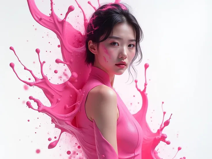 A Korean woman in white underwear with pink paint flowing all over her face and body, white background