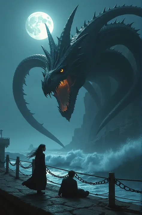 Generate a image of:-

At a moonlit harbor, two friends stand frozen in terror. The calm of the night is shattered by the ominous approach of a massive wave crashing towards them. Emerging from the towering wave is an enormous hydra dragon, its serpentine ...