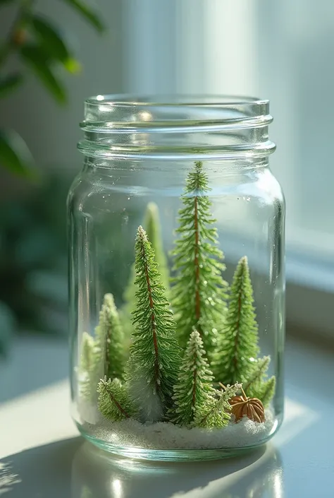 Macro close-up shot: A delicate collection of small,  green christmas tree floating inside a crystal-clear glass jar, creating an ethereal and serene scene. Soft, diffused lighting highlights each petal, giving the flowers a gentle glow. The camera slowly ...