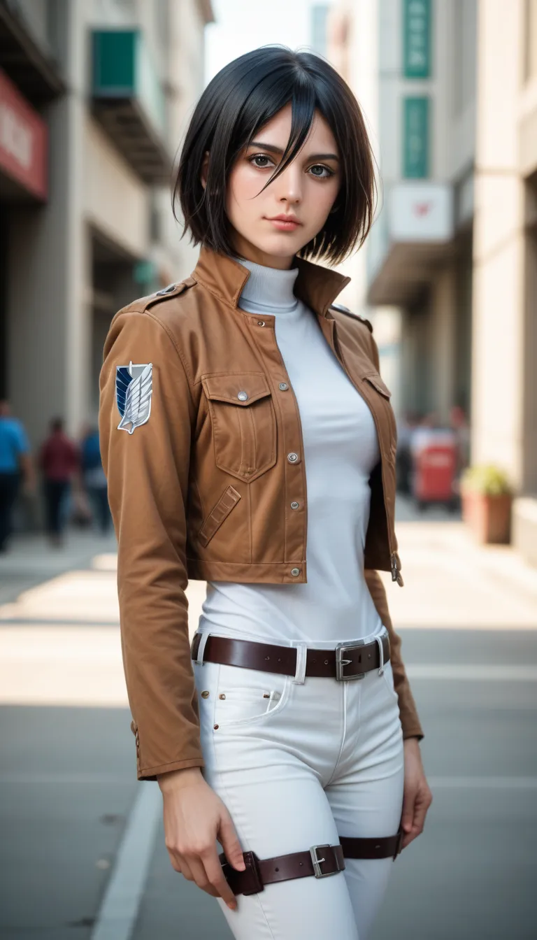 score_9, score_8_up, score_7_up, photorealistic, (cowboy shot photo), (mikasa ackerman), mikasa ackerman, black hair, black eyes...